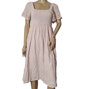 Madewell Pink Smocked Puff Sleeve Eyelet Midi Dress Women’s M Cottagecore